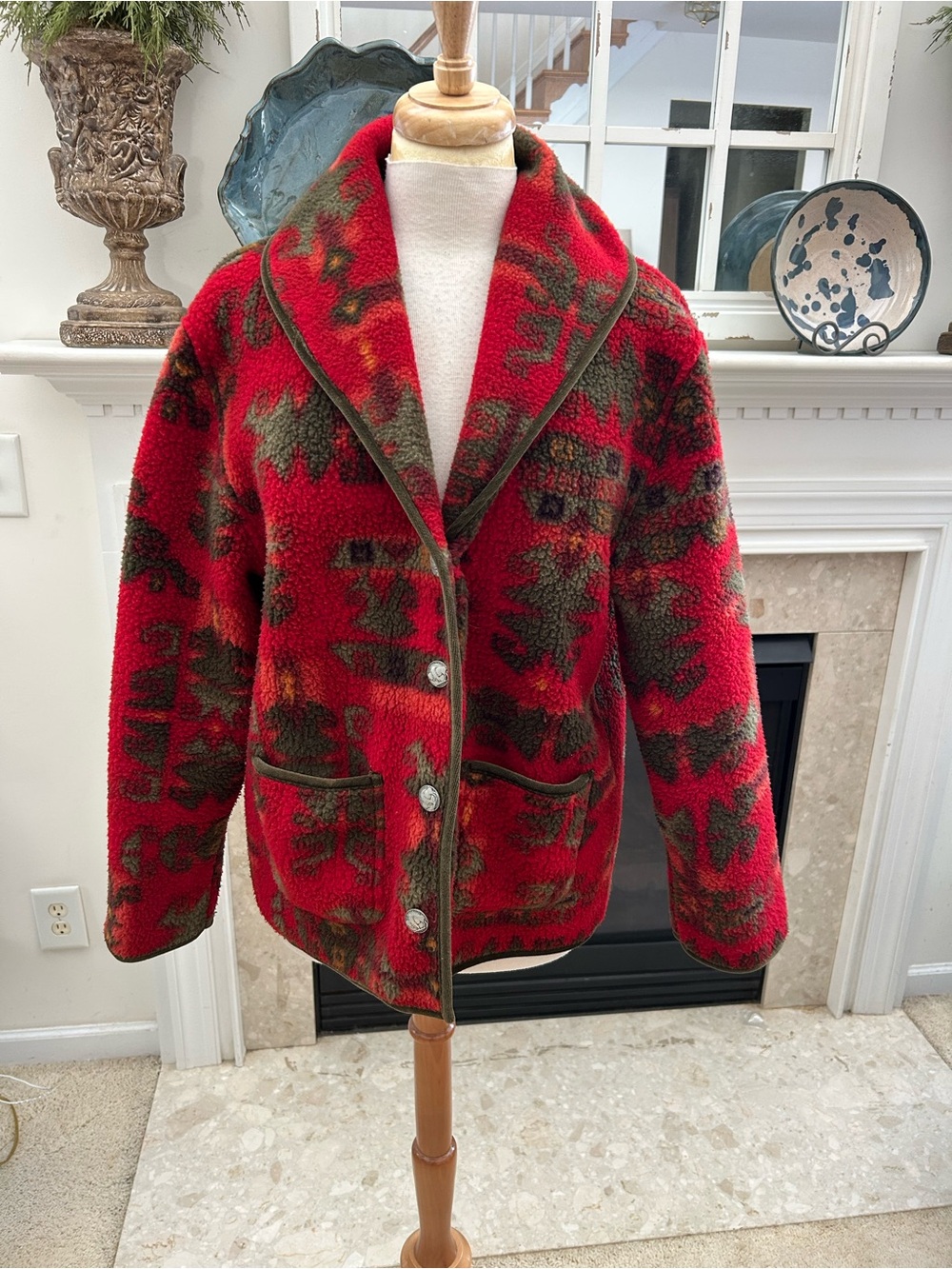 Talbots Vintage Oversized Red and Green Patterned Teddy Jacket with Shawl Collar